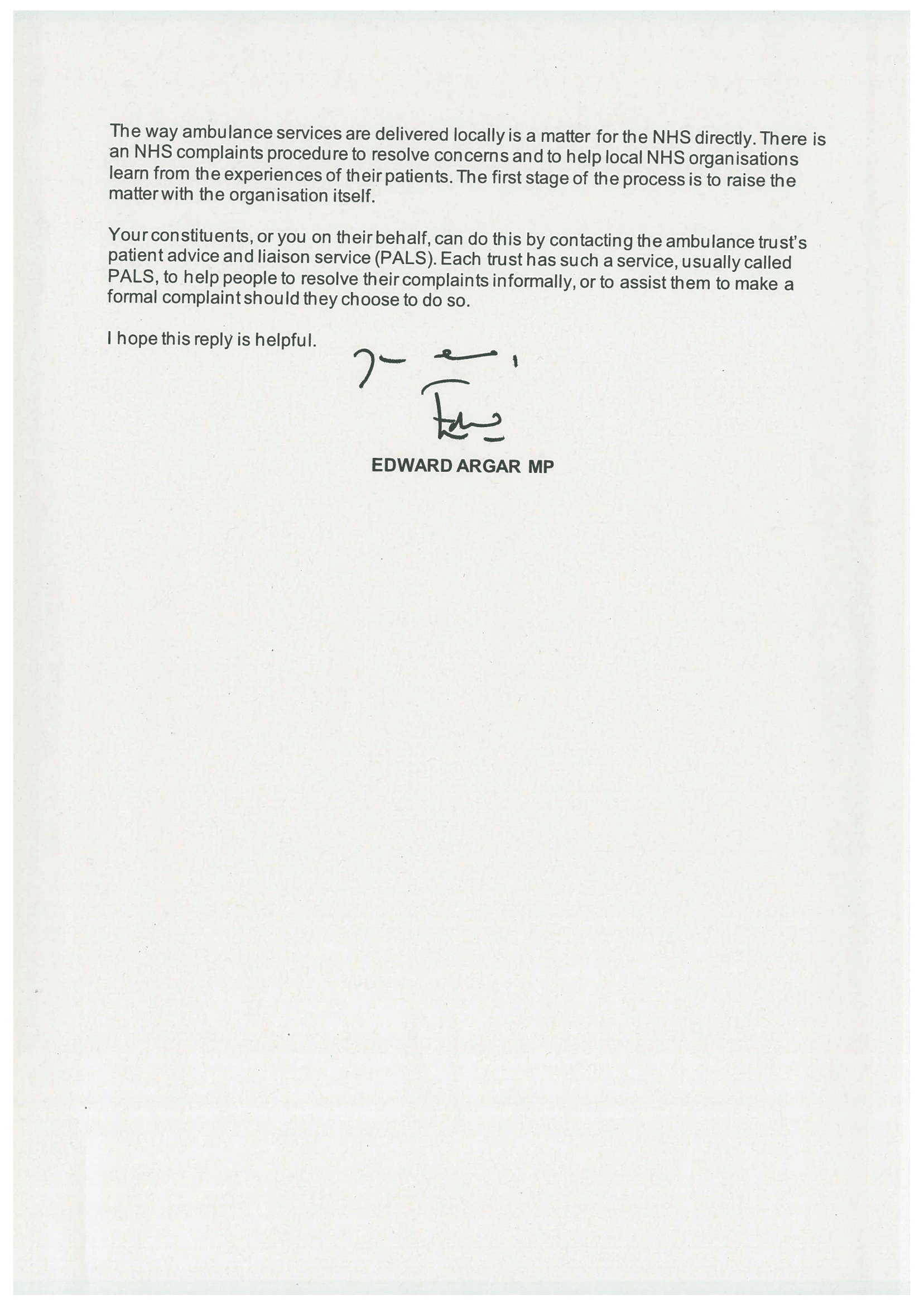 Letter from the Minister of State